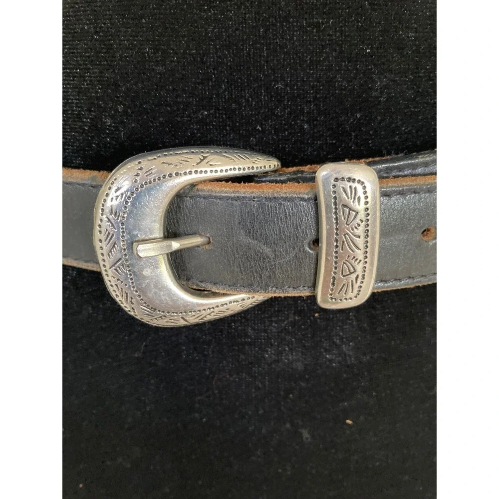 Vintage Black Leather Western Belt Silver Engraved Buckle Tip Made‎ in USA Small